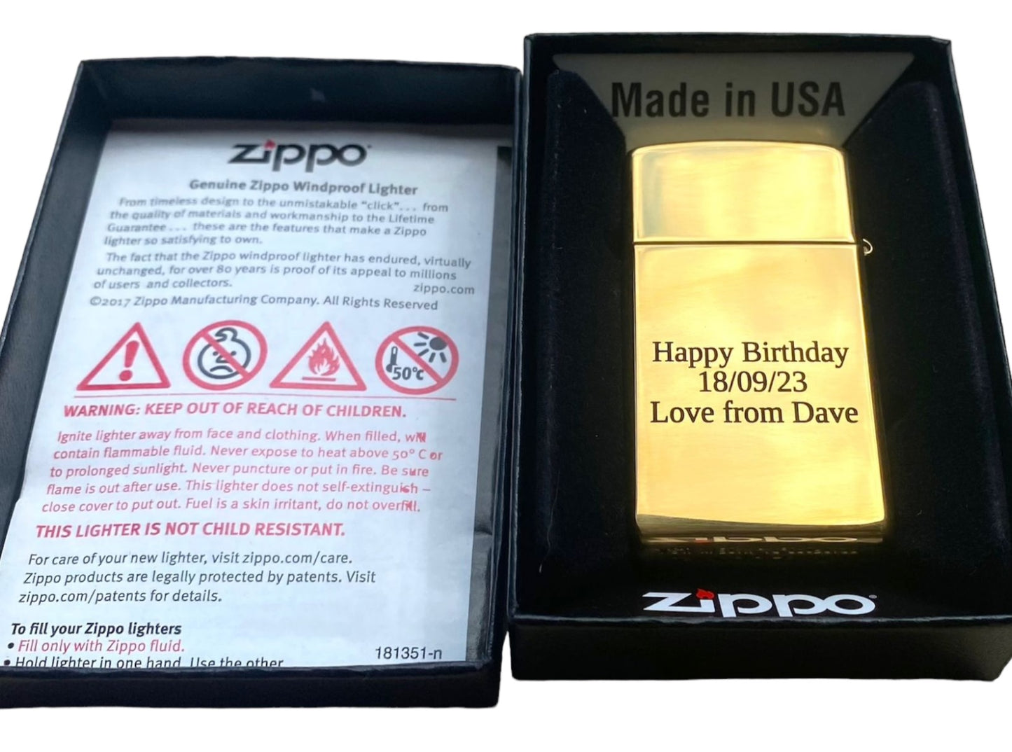 Personalised Engraved Zippo 1654B Slim Lighter - Polished Brass