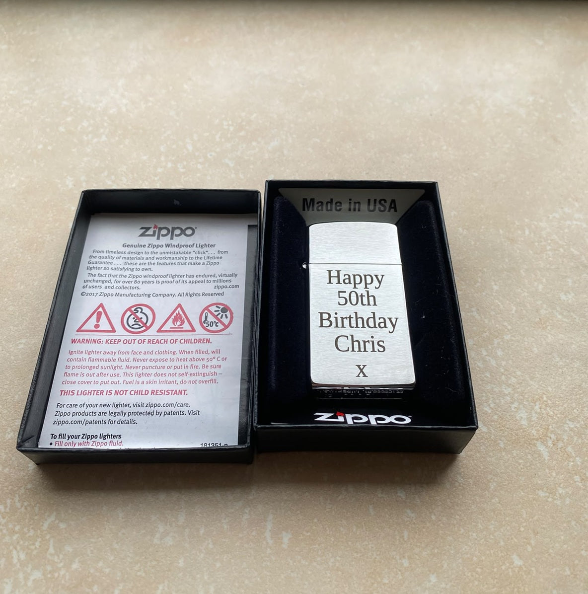 Personalised Engraved Zippo 1600 Slim Lighter - Brushed Chrome