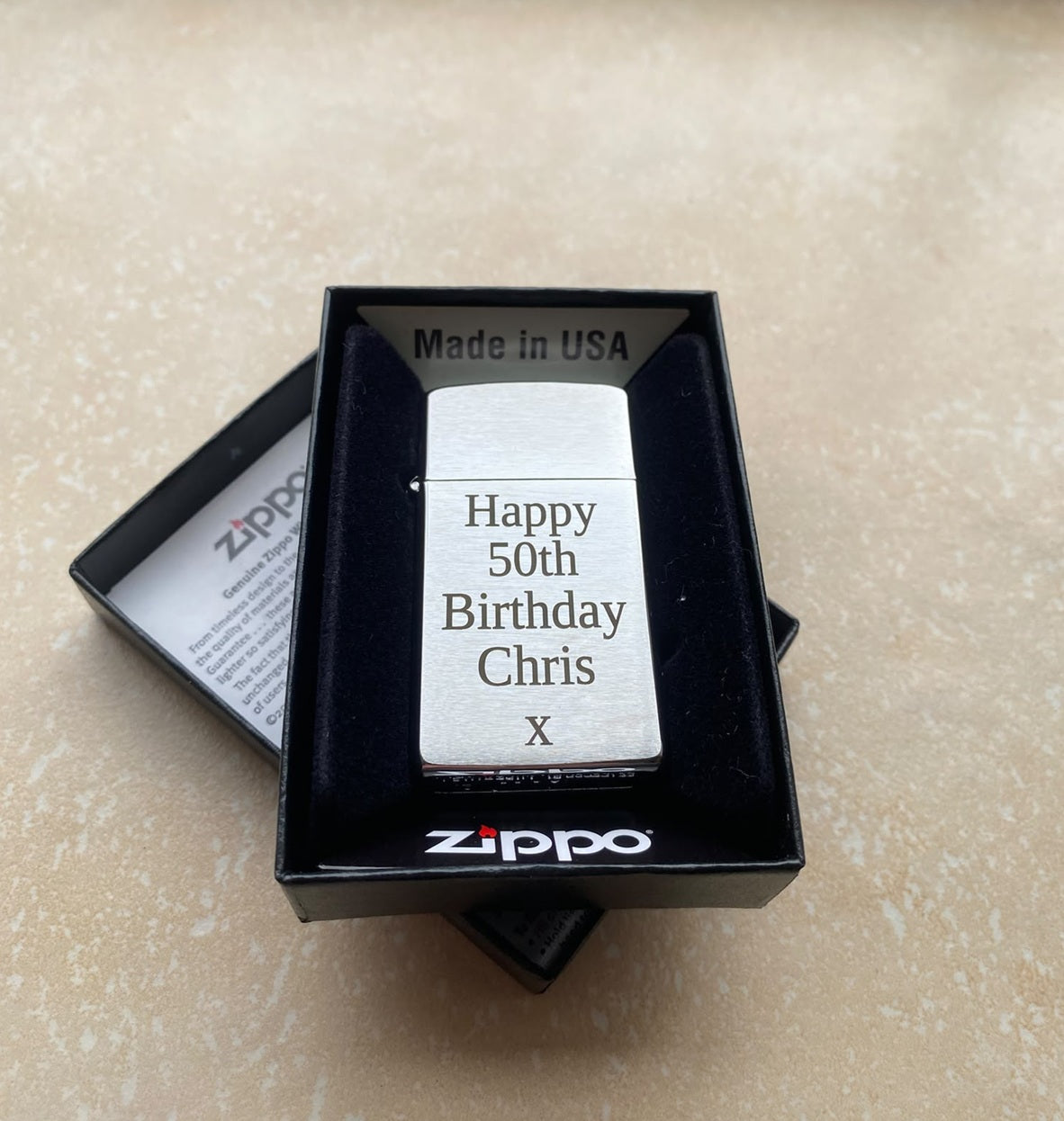 Personalised Engraved Zippo 1600 Slim Lighter - Brushed Chrome