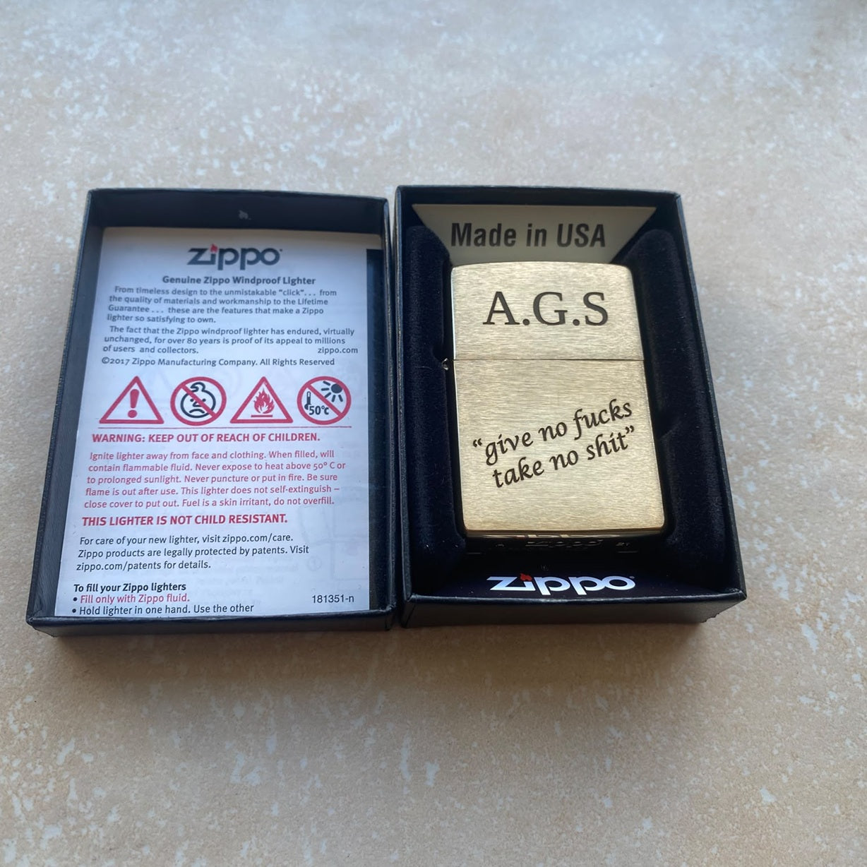 Personalised Engraved Zippo 204B Lighter - Brushed Brass