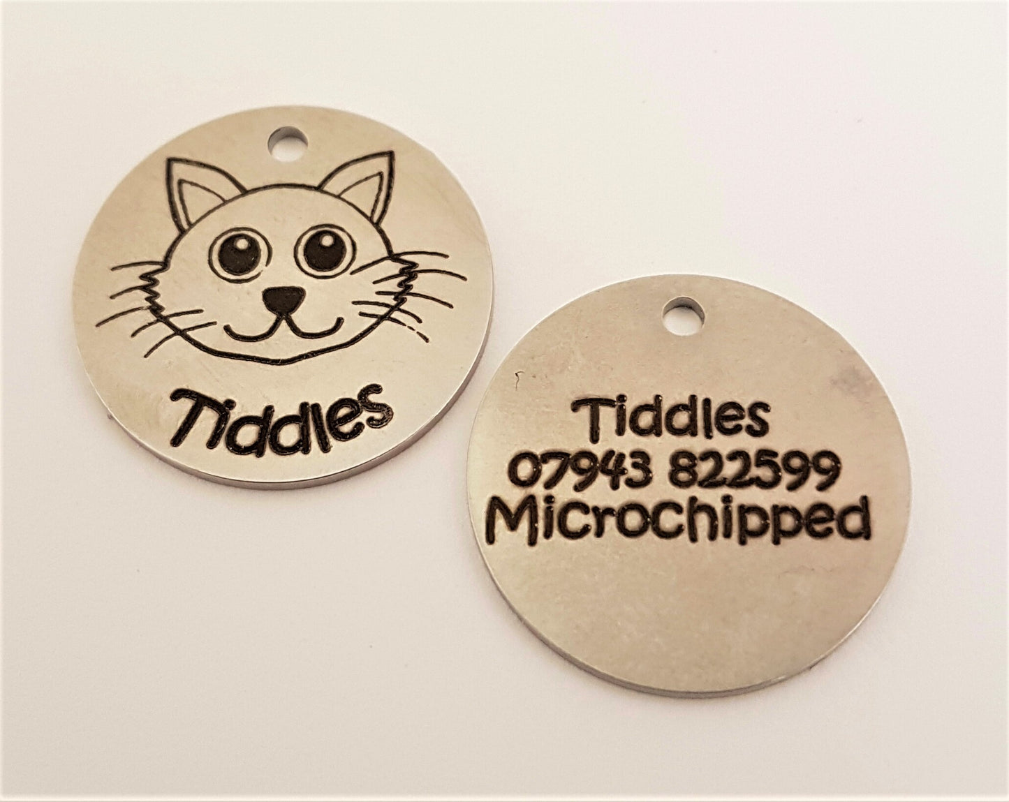 20mm Engraved Stainless Steel "Cat Face" Pet ID Tag / ID Disc